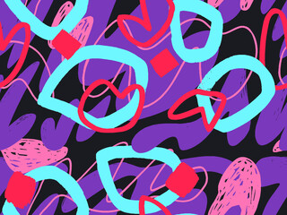 Seamless abstract doodle background pattern in bright summer positive colors. Hand-drawn abstract pattern with randomly arranged spots and dots and lines. Pencil and paint texture.