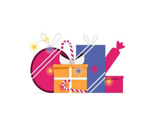 Composition with christmas gift boxes and garland. Flat vector illustration
