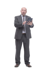 serious business man with a calculator.isolated on a white background.