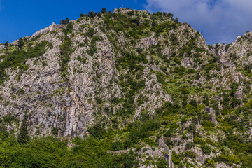 Town walls on the rocks above Kotor, Montenegro.