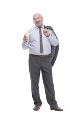 businessman with a takeaway coffee and a jacket over his shoulder.