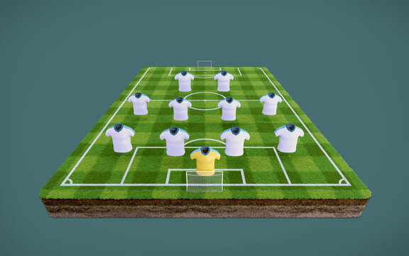 Football (soccer) pitch and blank football shirts with 4-4-2 formation.3d rendering
