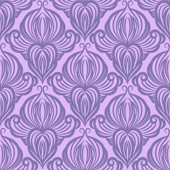 Damask seamless pattern. Silk ornament on purple trendy background in vector. Chic wallpaper or fabric