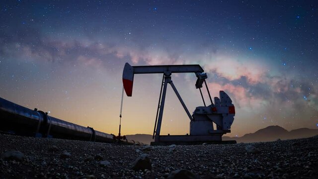 Oil pump jack pumping oil on a starry night. Extracting machinery. Oil industry