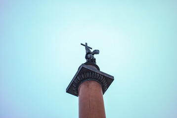 Top Alexander column against the sky on Palace Square, St. Petersburg, Russia.