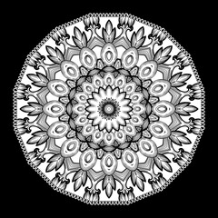 Round floral lacy mandala pattern. Ornamental black and white flowers background. Tribal ethnic style beautiful backdrop. Ornate lace ornaments. Abstract radial shapes, circles, frames, borders