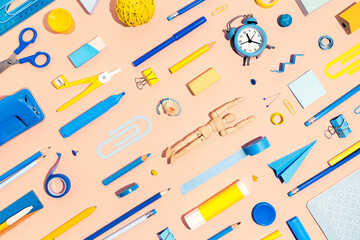 Back to school. Creative desk in pink colour.	
