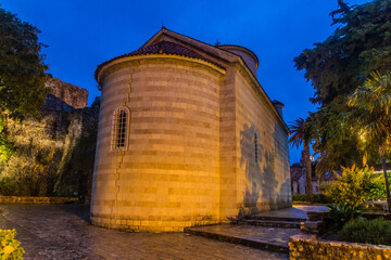 Evening view of Holy Trinity Church in Budva, Montenegro