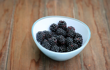 Eine Schale mit frisch gepflückten süße saftige Brombeeren.

