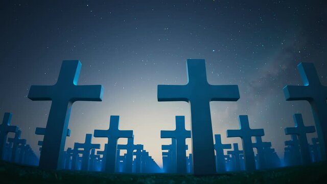 Churchyard. Endless view at the Christian crosses cemetery. Night sky. 4k HD