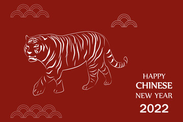 Happy Chinese New Year 2022. Year of the Tiger. Tiger line art on white background.Design for Chinese New Year celebration.Lunar New Year.Vector banner.