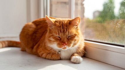 Red domestic tabby cat lying down and  sleeping  on white windowsill at home in sunlight