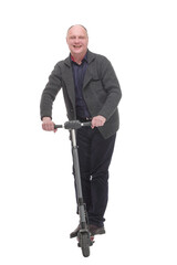 Fototapeta na wymiar happy casual man with electric scooter .isolated on a white background.