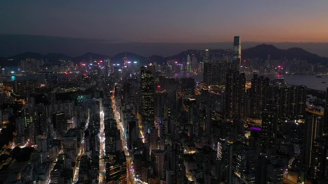 Drone fly Hong Kong city in the evening