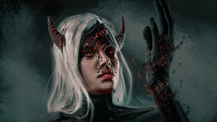 Digital 3d illustration of a succubus demon inspecting her magic hand - fantasy painting