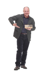 happy mature man with gift box .isolated on a white background.