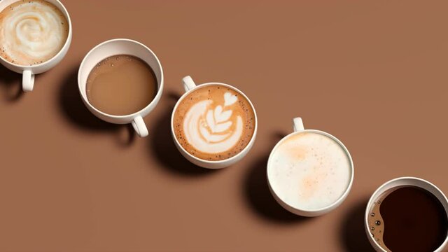 Top view on delicious hot beverages in cups. Different coffee drink types.