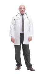 successful mature doctor in a white coat .