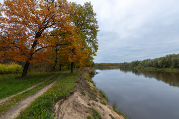 Dirt road along the river bank. Cloudy autumn weather. Rural landscape with road, river and autumn forest.