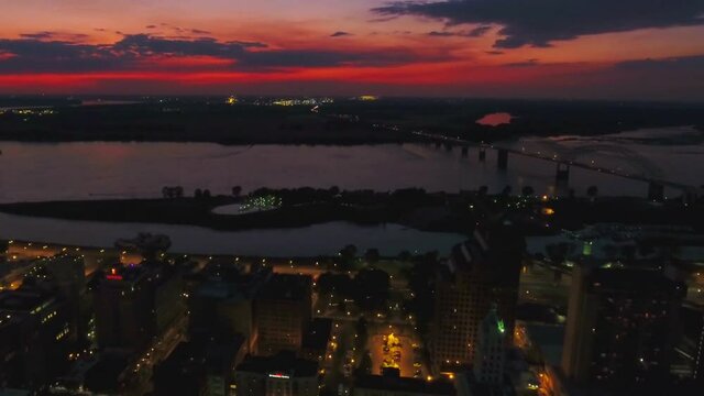 Aerial Flying Over Night Memphis, Downtown, Mississippi River, Tennessee