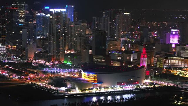 Aerial Flying Over Night Miami, Florida, FTX Arena, Downtown