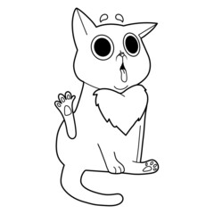 Vector line thoughtful tabby sitting cat isolated on white background. Cute funny red kitten. Animal thoughtful character. Outline vector illustration.