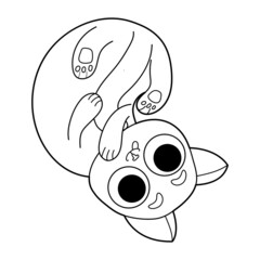 Cute tabby vector cat lies on its back isolated on white background. Kitty with a funny muzzle. Animal linear character. Outline style illustration