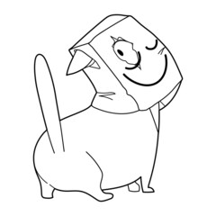 Vector line cat with paper pack on head isolated on white background. Funny playing  kitten. Domestic animal character. Outline vector illustration