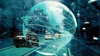 Smart transport technology concept for future car traffic on newish city road . Virtual intelligent...