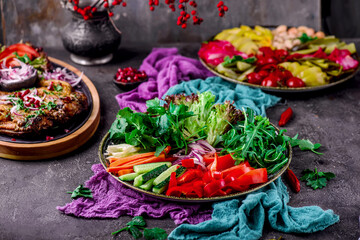 Fried halloumi vegetable salad.style rustic.