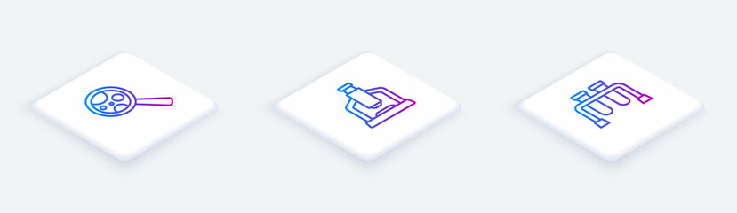 Set Isometric line Microorganisms under magnifier, Microscope and Test tube. White square button. Vector