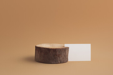 Rustic stump, cylinder shape podium for products cosmetics, food or jewellery. Front view.	
