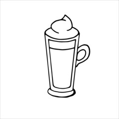 Graphic Tall coffee glass. Latte with froth. Doodle element for design