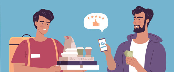 A young courier delivers some food and drinks orders to a customer. Vector illustration of cartoon characters