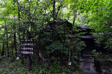 Picturesque scene with signs in the site of a popular Onsen Ryokan