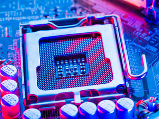 The processor of a personal computer, with the contacts facing up, lies on the motherboard. Engineering technologies, digital equipment, communications, high computer technologies.