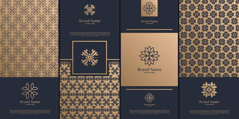 Luxury logo and gold packaging design. nature, luxury lotus, wellness, flower, pattern.