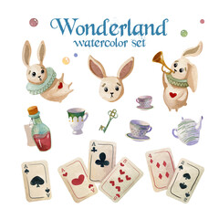 Watercolor wonderland set. Hand drawn vintage art work with white rabbit, playing cards and silver key