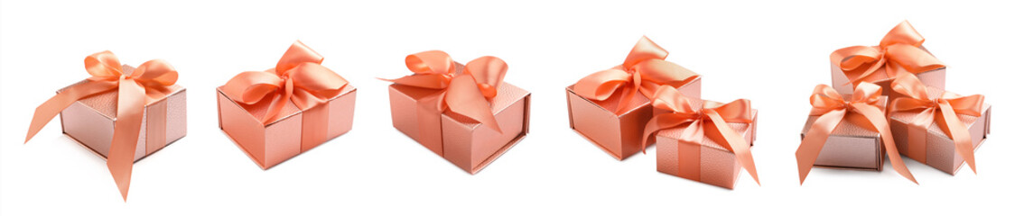Set with beautiful gift boxes on white background. Banner design