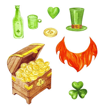 set of watercolor illustrations for st patrick's day. cute images of holiday symbols. leprechaun's beard, hat, chest of gold, clover leaves, bottle and a loaf of beer
sticker, paper cut, scrapbook