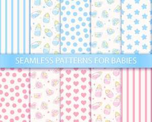 A cute and gentle pastel collection of seamless patterns for children's products, for boys and girls. Set of hearts, polka dot, stars, stripes, doodles pacifiers and baby bottles .