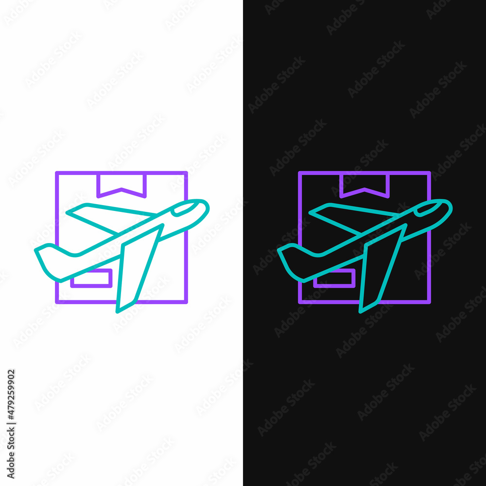 Sticker Line Plane and cardboard box icon isolated on white and black background. Delivery, transportation. Cargo delivery by air. Airplane with parcels, boxes. Colorful outline concept. Vector