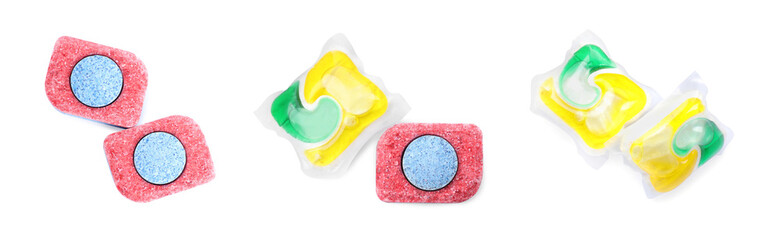 Set with dishwasher detergent tablets and gel capsules on white background, top view. Banner design