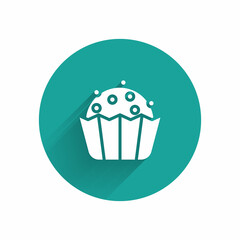White Cupcake icon isolated with long shadow. Green circle button. Vector