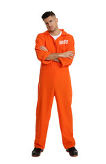 Prisoner in orange jumpsuit on white background
