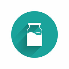 White Closed glass bottle with milk icon isolated with long shadow. Green circle button. Vector