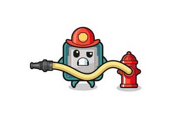 processor cartoon as firefighter mascot with water hose