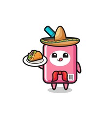 milk box Mexican chef mascot holding a taco