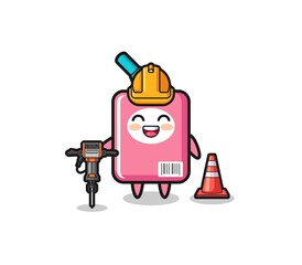 road worker mascot of milk box holding drill machine