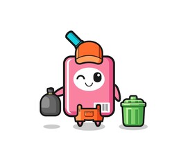 the mascot of cute milk box as garbage collector